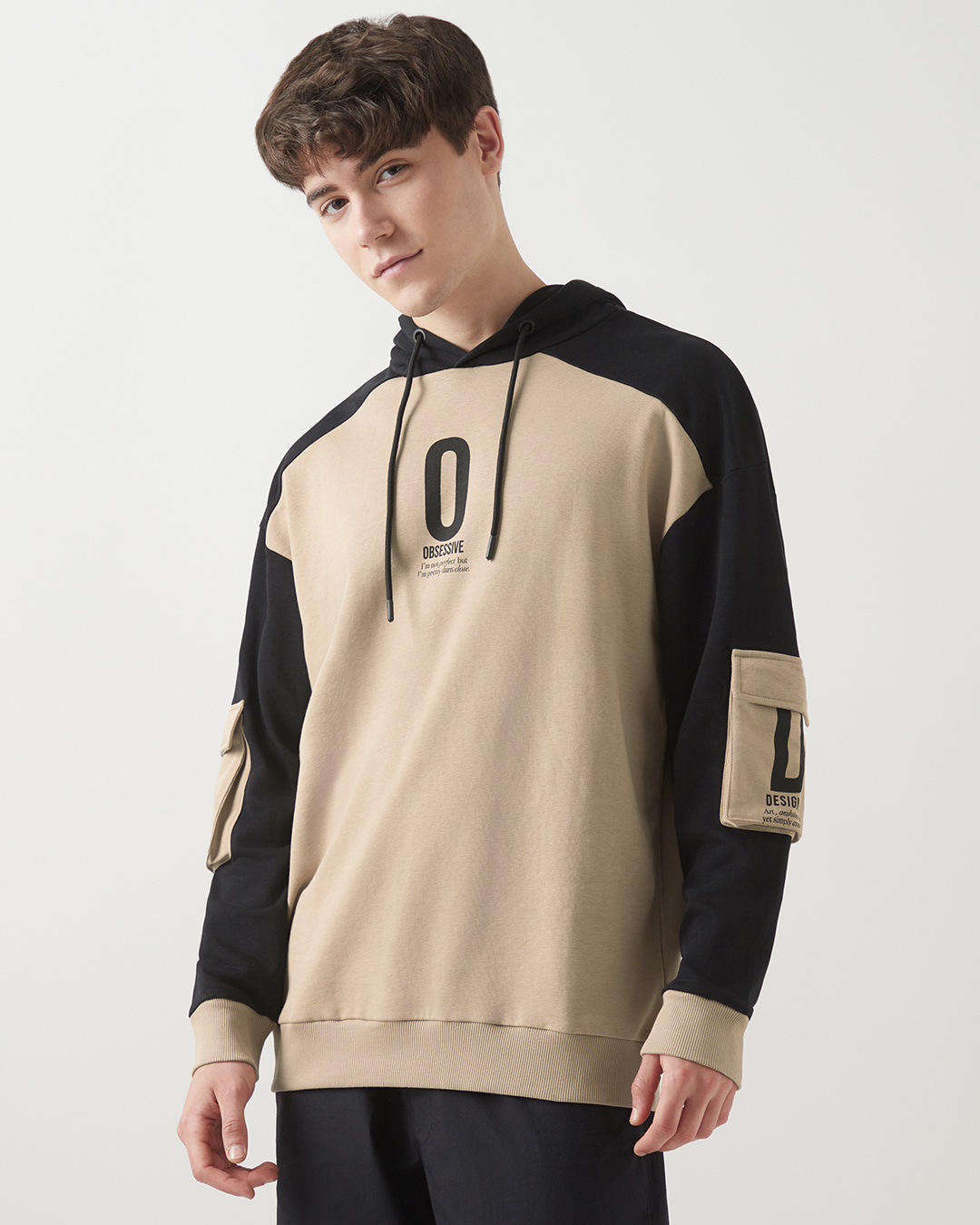 Shop Men's Brown & Black Color Block Oversized Hoodies-Back