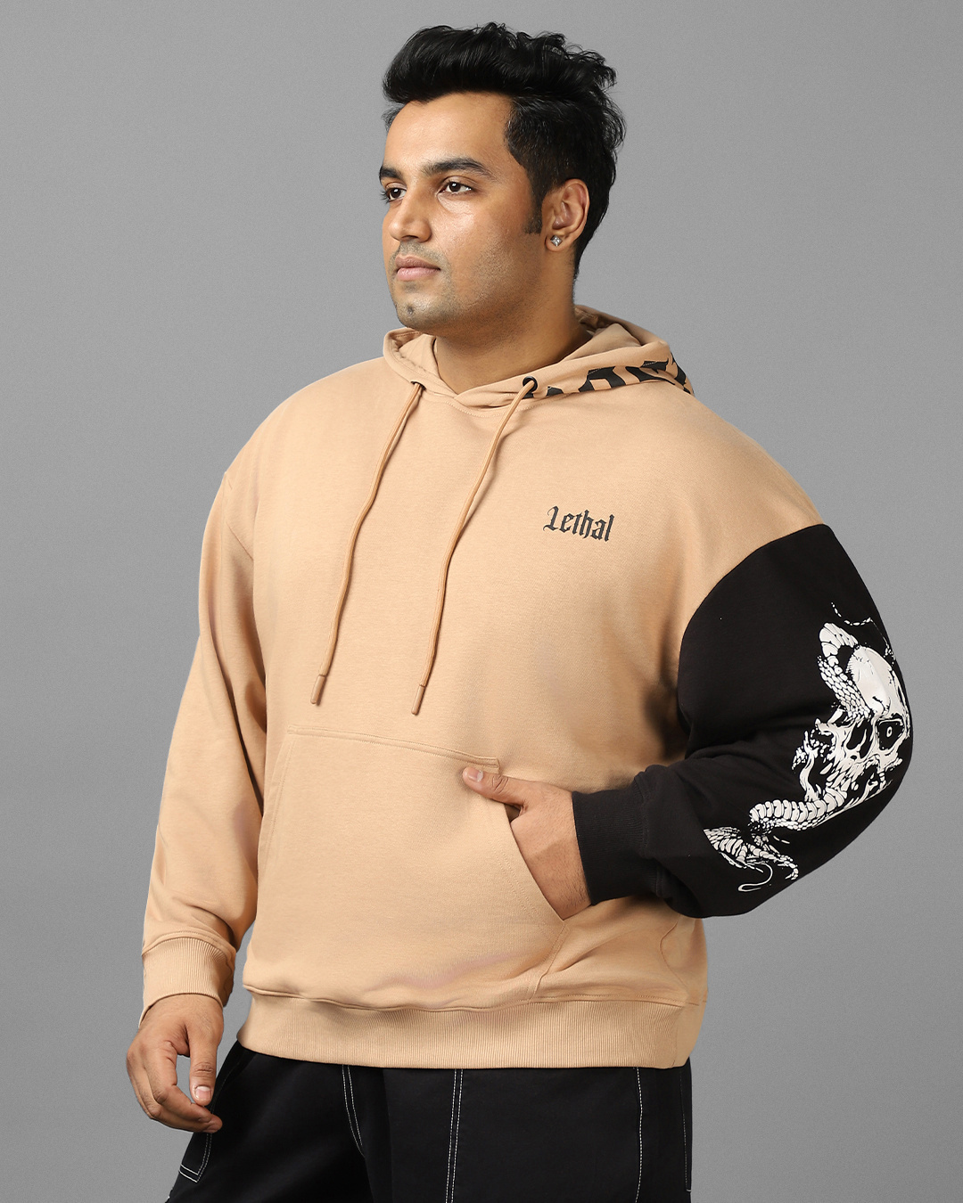 Shop Men's Brown & Black Lethal Graphic Printed Oversized Plus Size Hoodies-Back