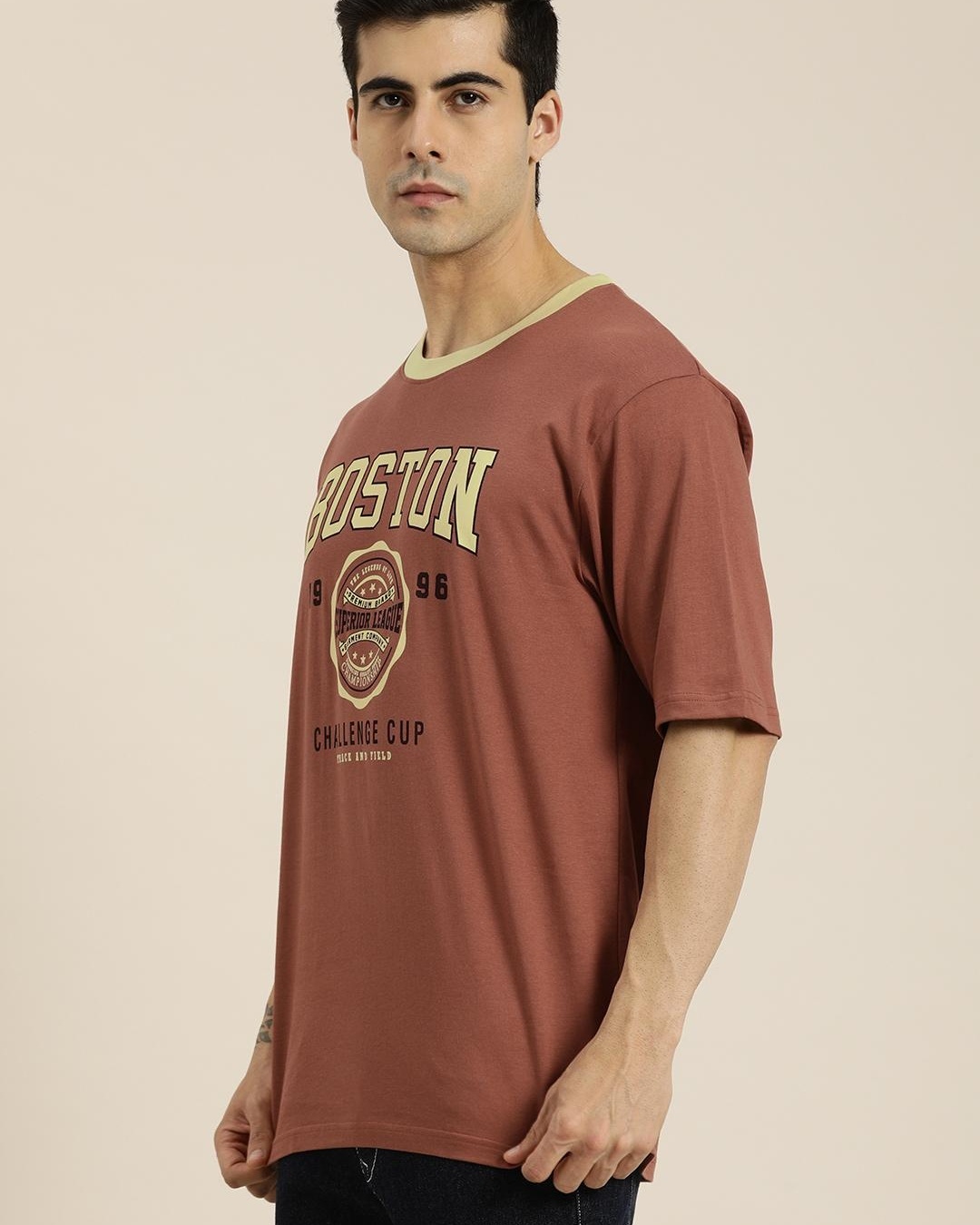 Buy Men's Brown Boston Typography Oversized T-shirt Online at Bewakoof