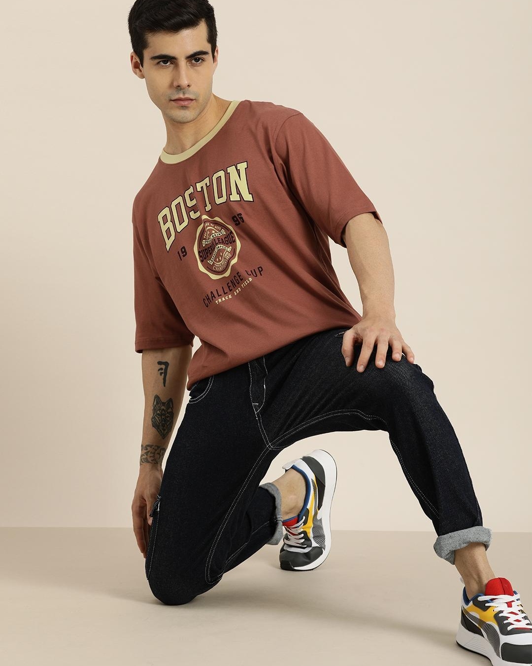 Buy Men's Brown Boston Typography Oversized T-shirt Online at Bewakoof