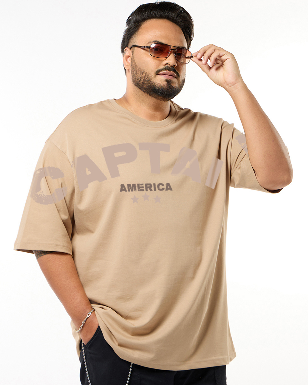 Shop Men's Brown Captain Graphic Printed Oversized Plus Size T-shirt-Back