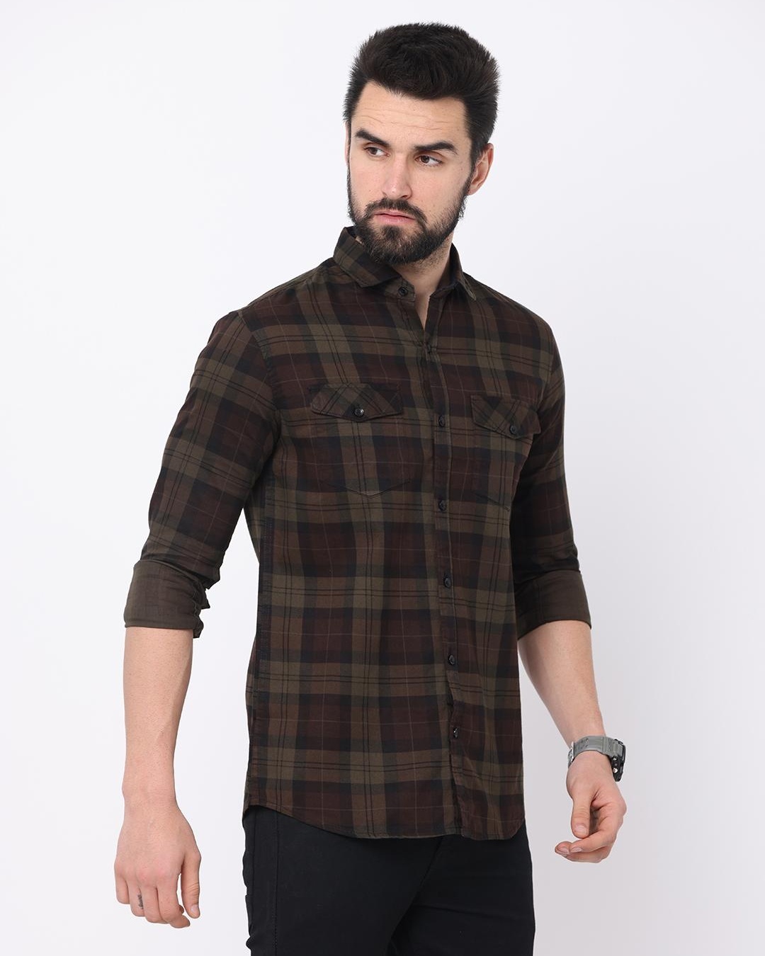 Shop Men's Brown Checked Slim Fit Shirt-Back