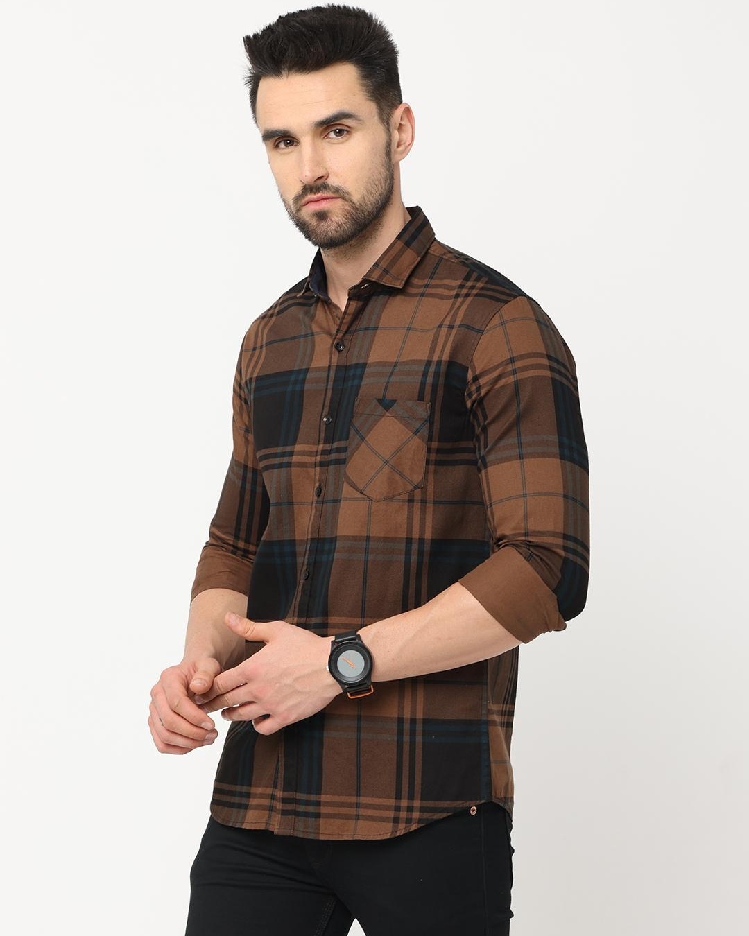 Shop Men's Brown Checked Slim Fit Shirt-Back