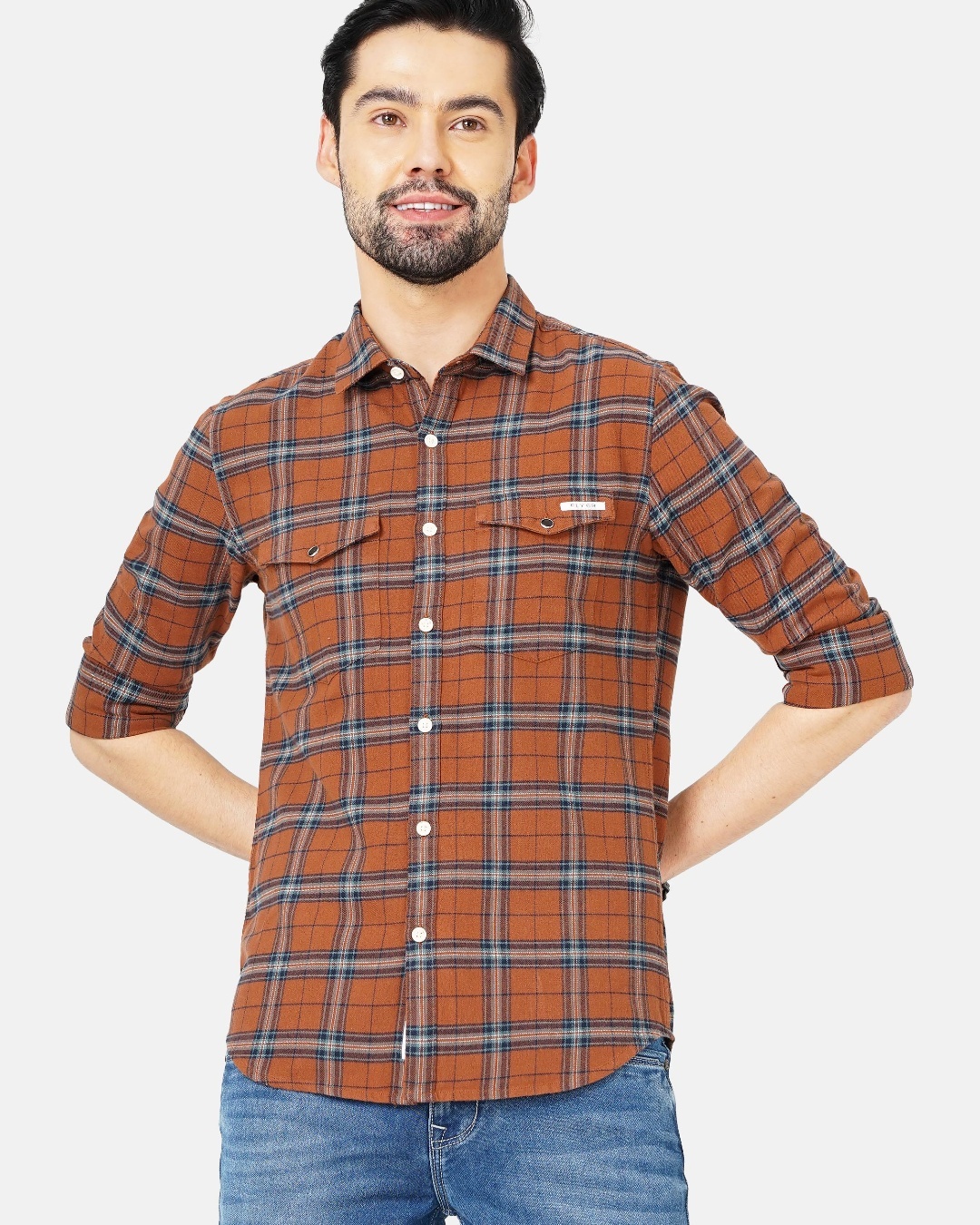 Men's Brown Comfort Tartan Checked Slim Fit Cotton Shirt