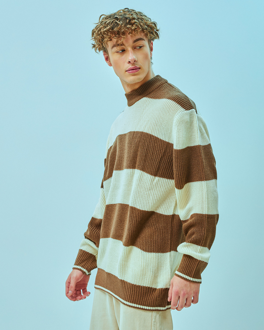 Shop Men's Brown Color Block Flat Knit Sweater-Back