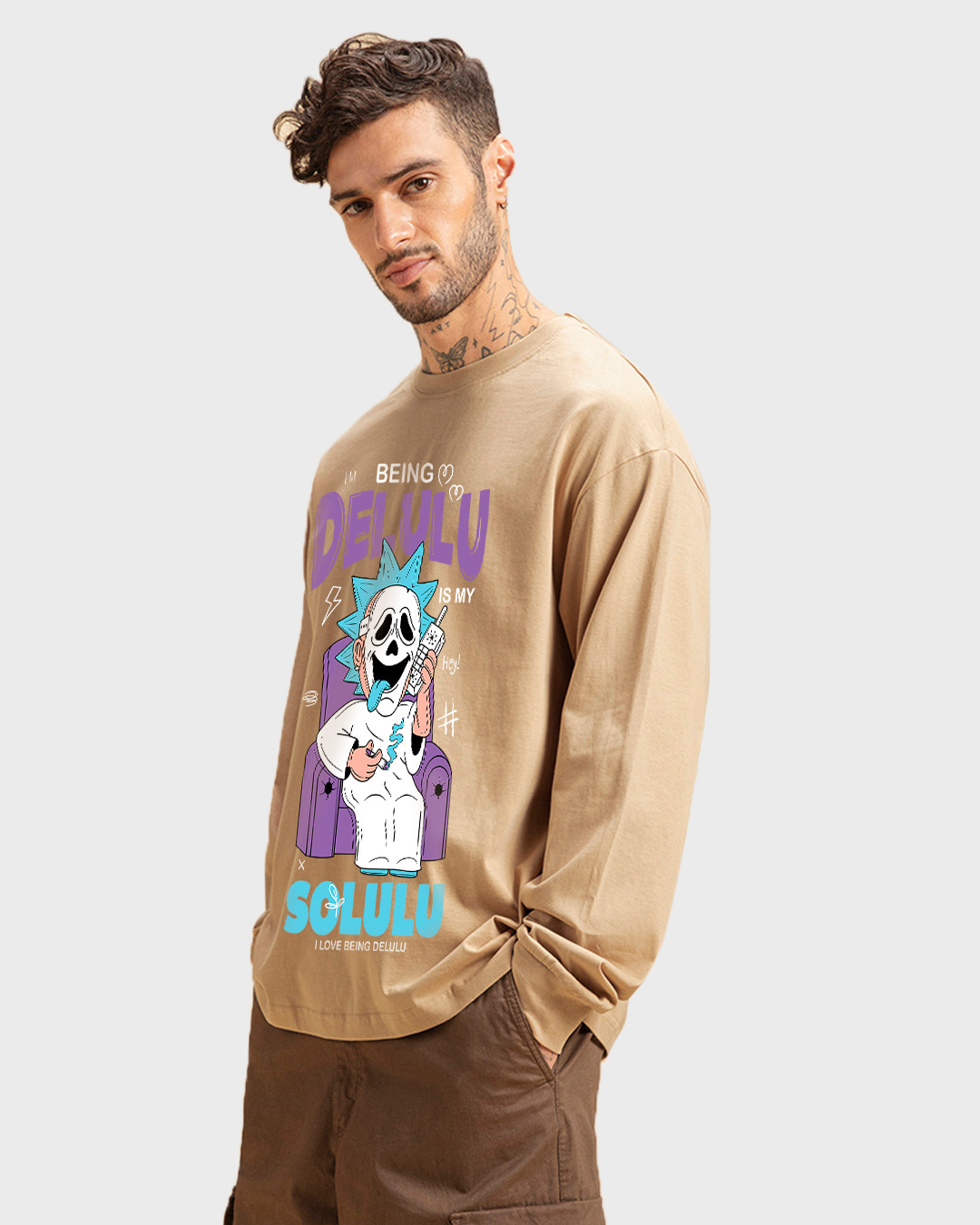Shop Men's Brown Delulu Is My Solulu Graphic Printed Oversized T-shirt-Back
