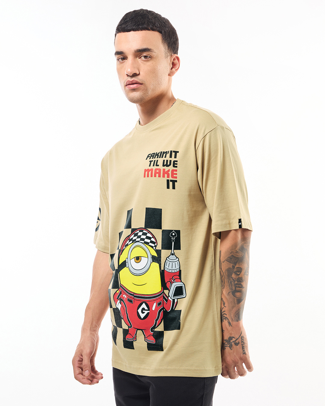 Shop Men's Brown Fakinit Graphic Printed Oversized T-shirt-Back