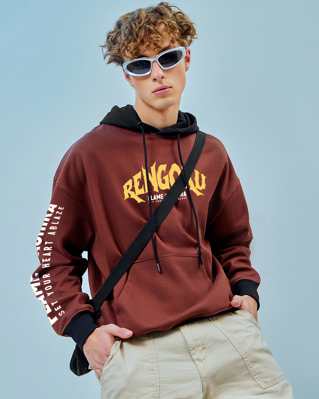 Shop Men's Brown Flame Hashira Graphic Printed Oversized Hoodies-Back