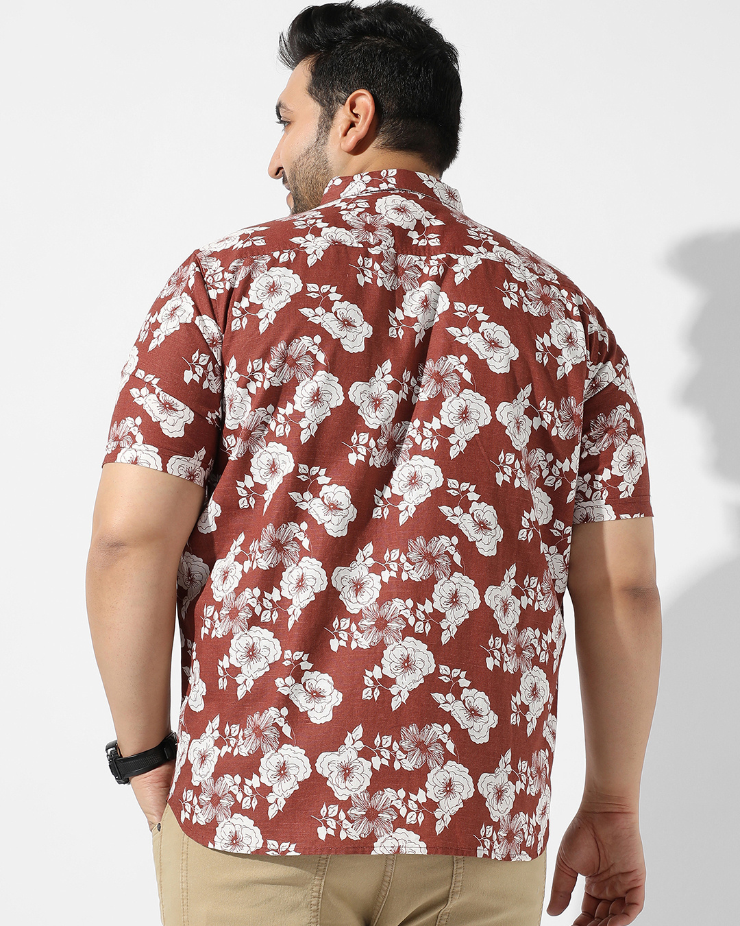 Shop Men's Brown Floral Printed Plus Size Shirt-Back