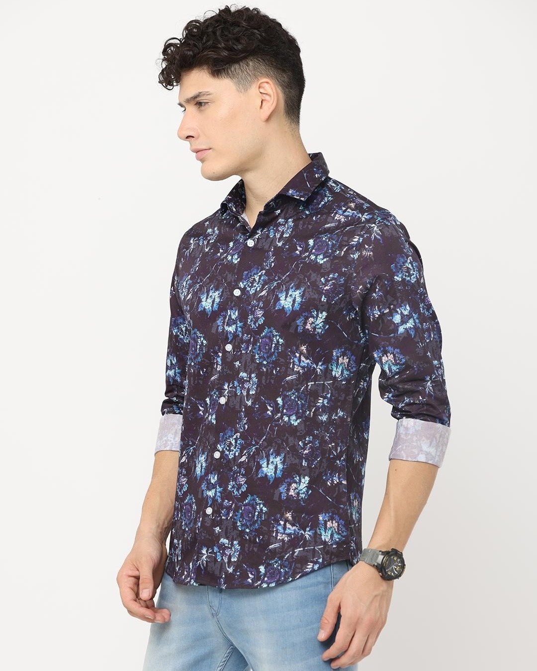 Shop Men's Brown Floral Printed Slim Fit Shirt-Back