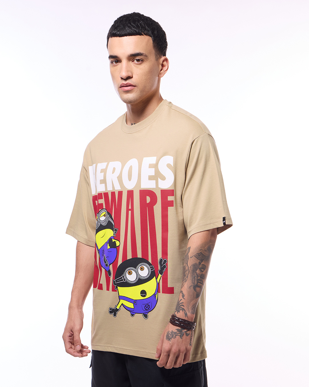 Shop Men's Brown Heroes Beware Graphic Printed Oversized T-shirt-Back