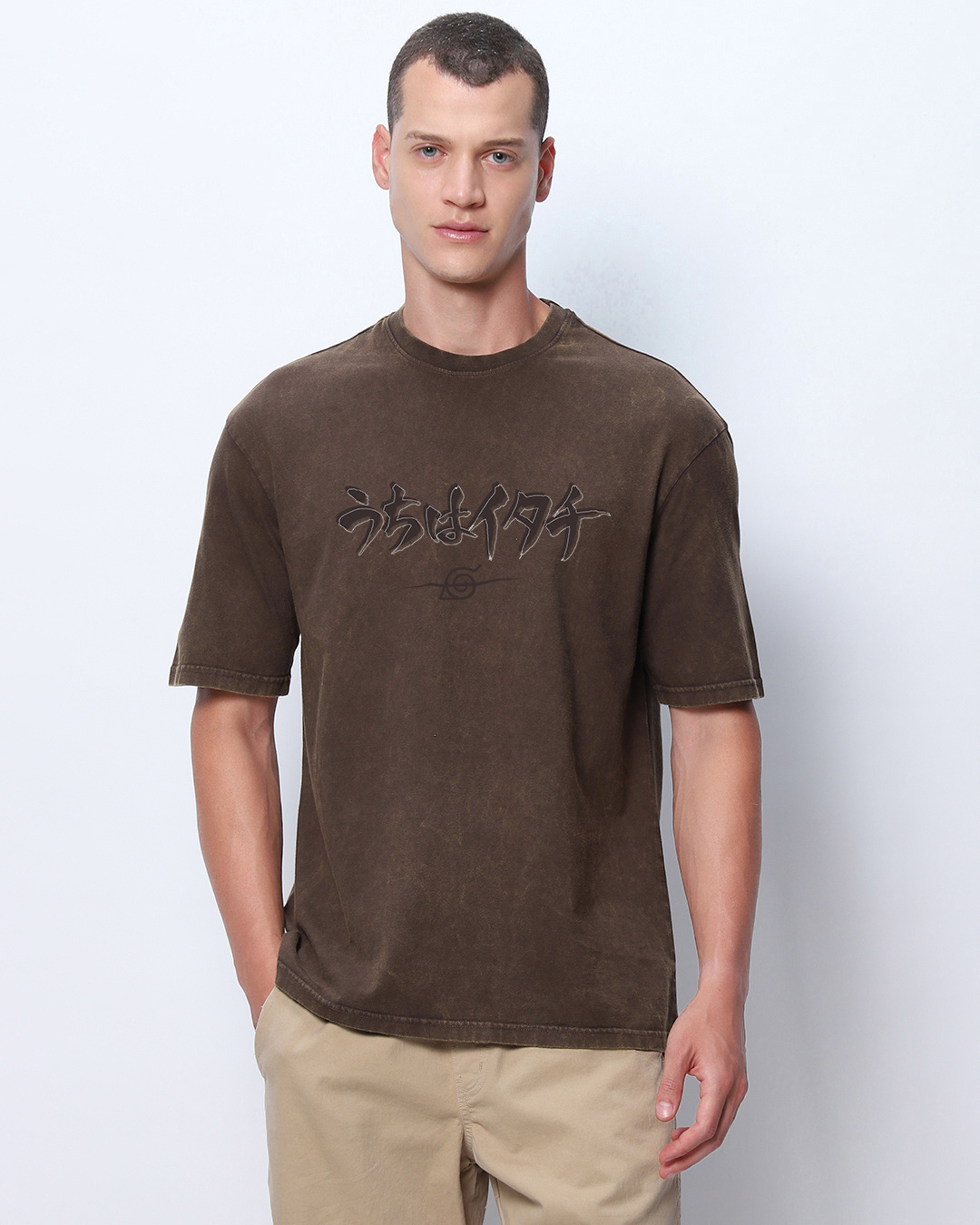 Shop Men's Brown Itachi Gen Graphic Printed Oversized Acid Wash T-shirt-Back