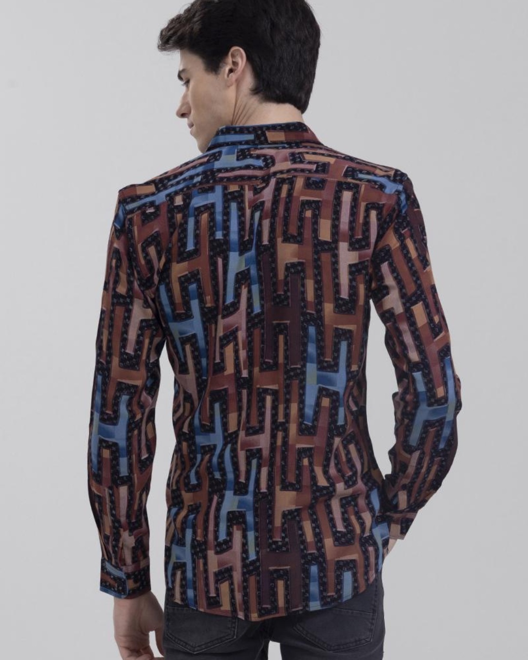 Shop Men's Brown Jigsaw Geometric Printed Slim Fit Shirt-Back