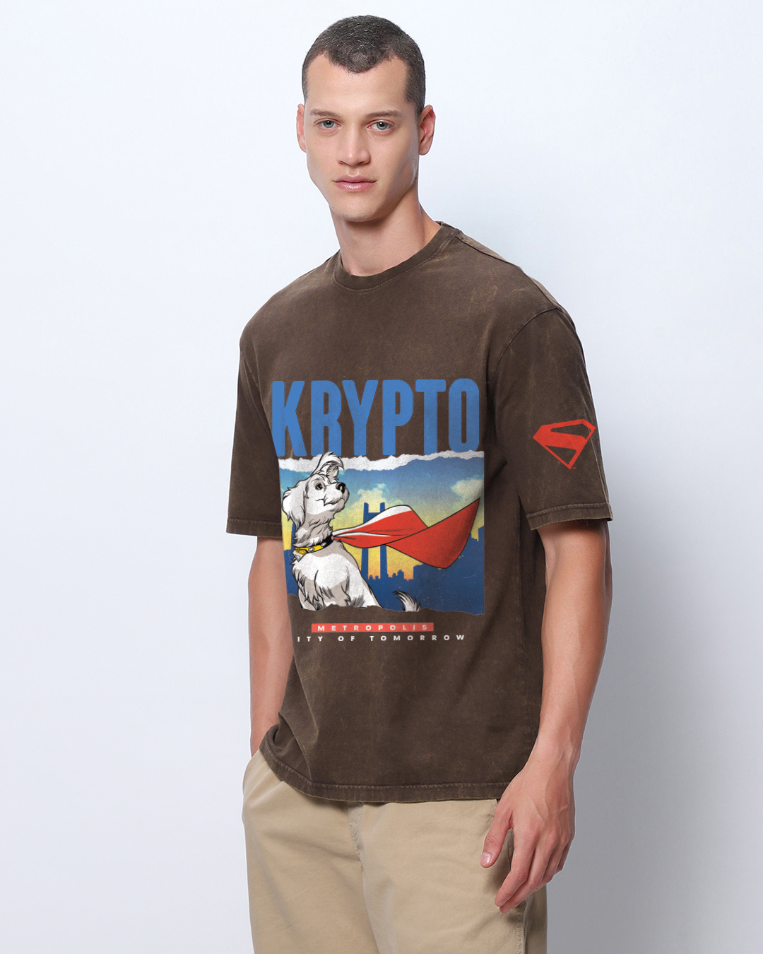 Shop Men's Brown Krypto Graphic Printed Oversized Acid Wash T-shirt-Back