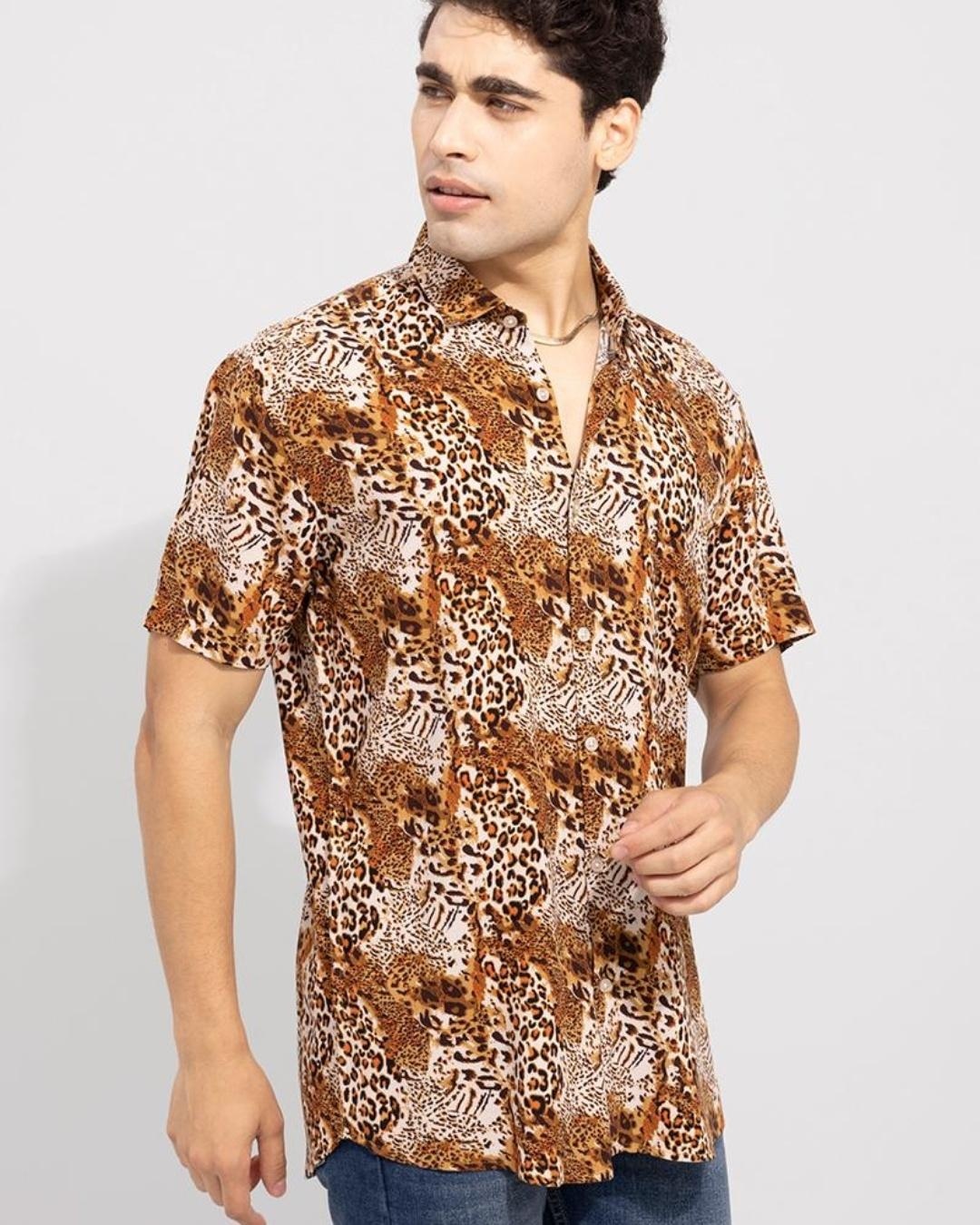 Shop Men's Brown Leopard Animal Printed Slim Fit Shirt-Back