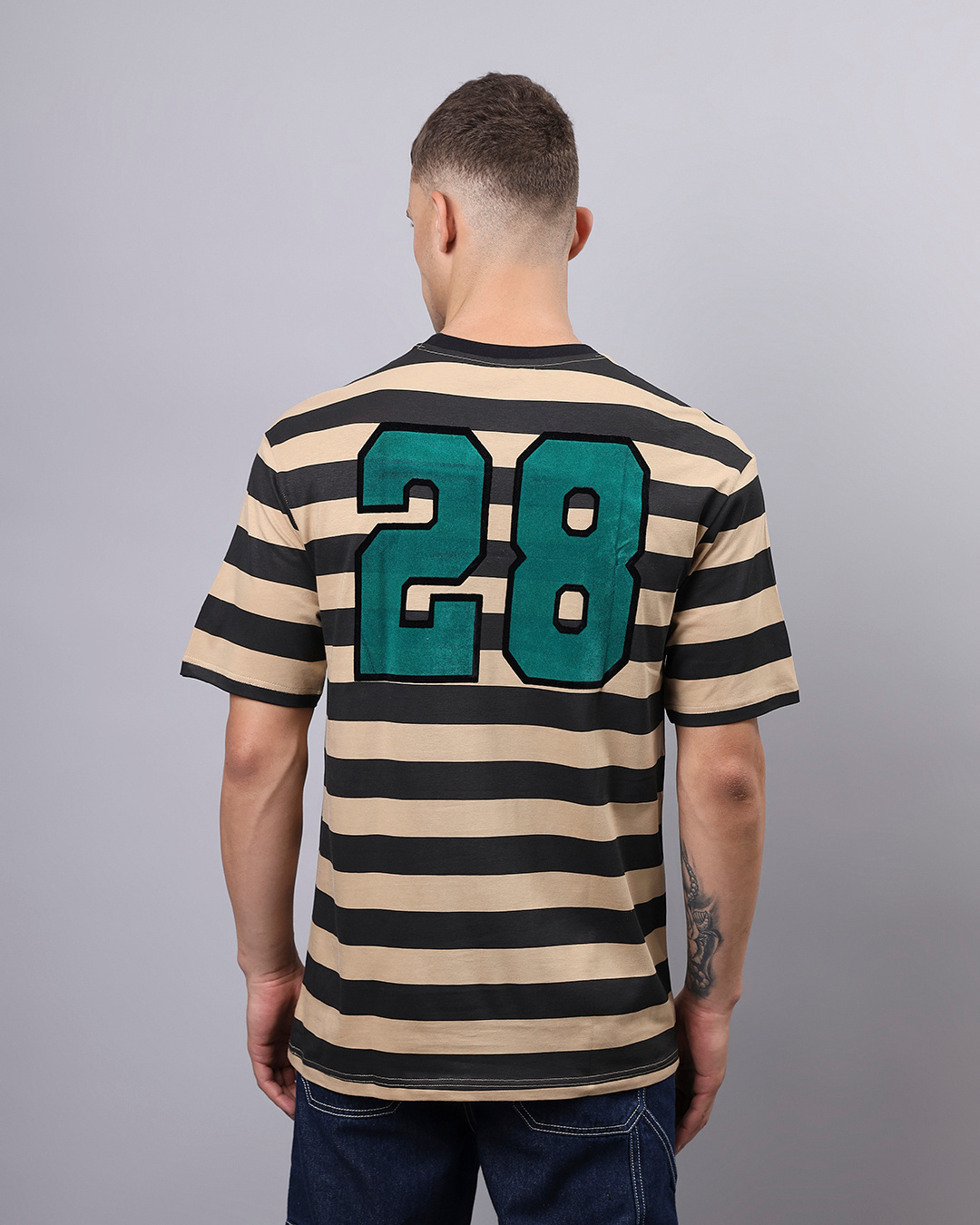 Shop Men's Brown & Black Mickey Striped Oversized T-shirt-Back