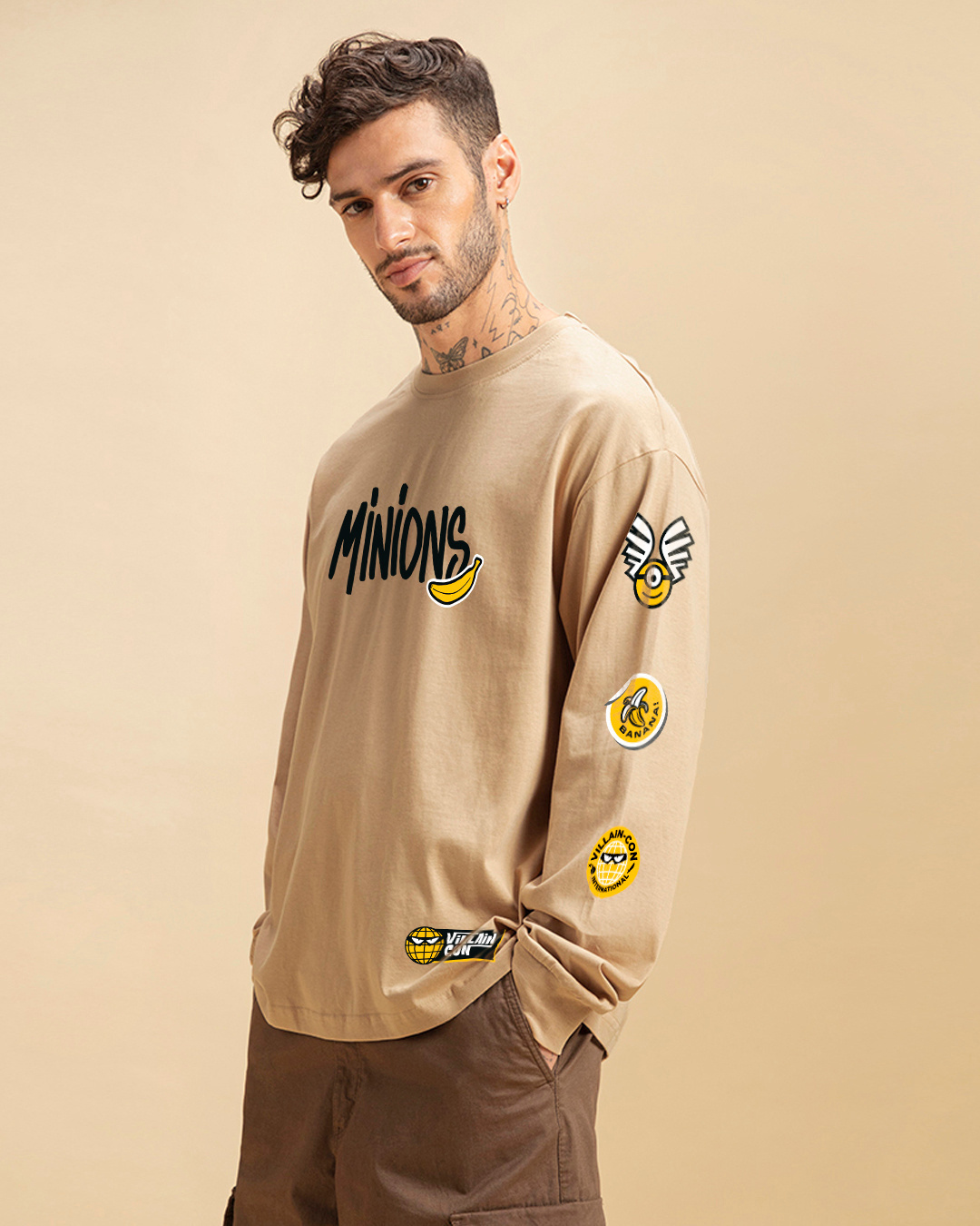 Shop Men's Brown Minion Badge Graphic Printed Oversized T-shirt-Back