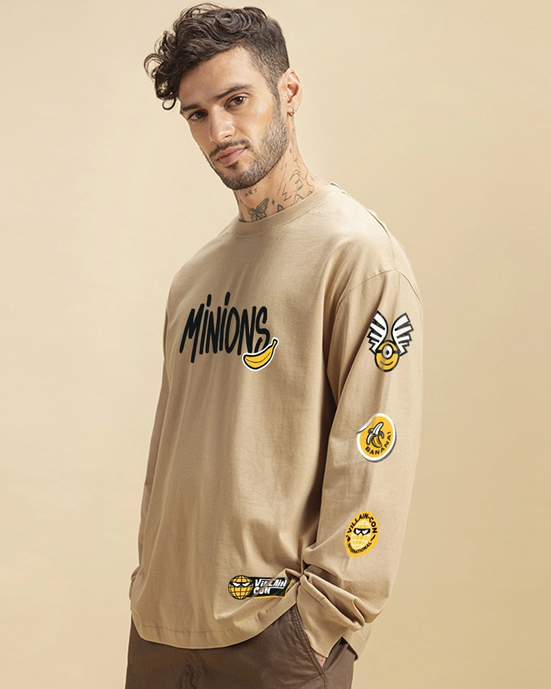 Shop Men's Brown Minion Badge Graphic Printed Oversized T-shirt-Back