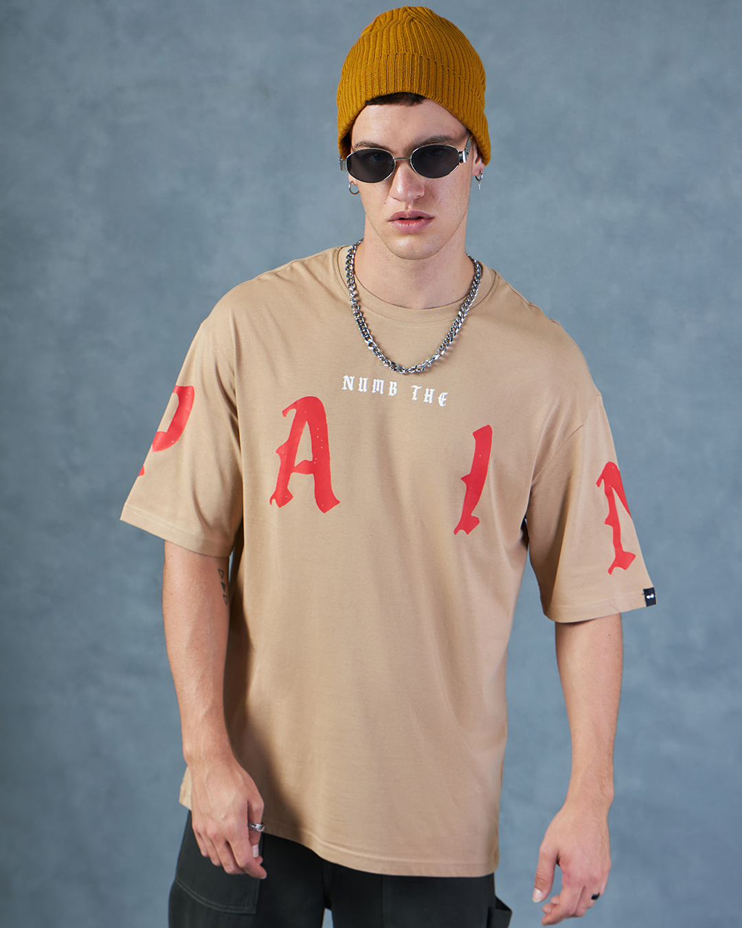 Shop Men's Brown Numb the Pain Graphic Printed Oversized T-shirt-Back