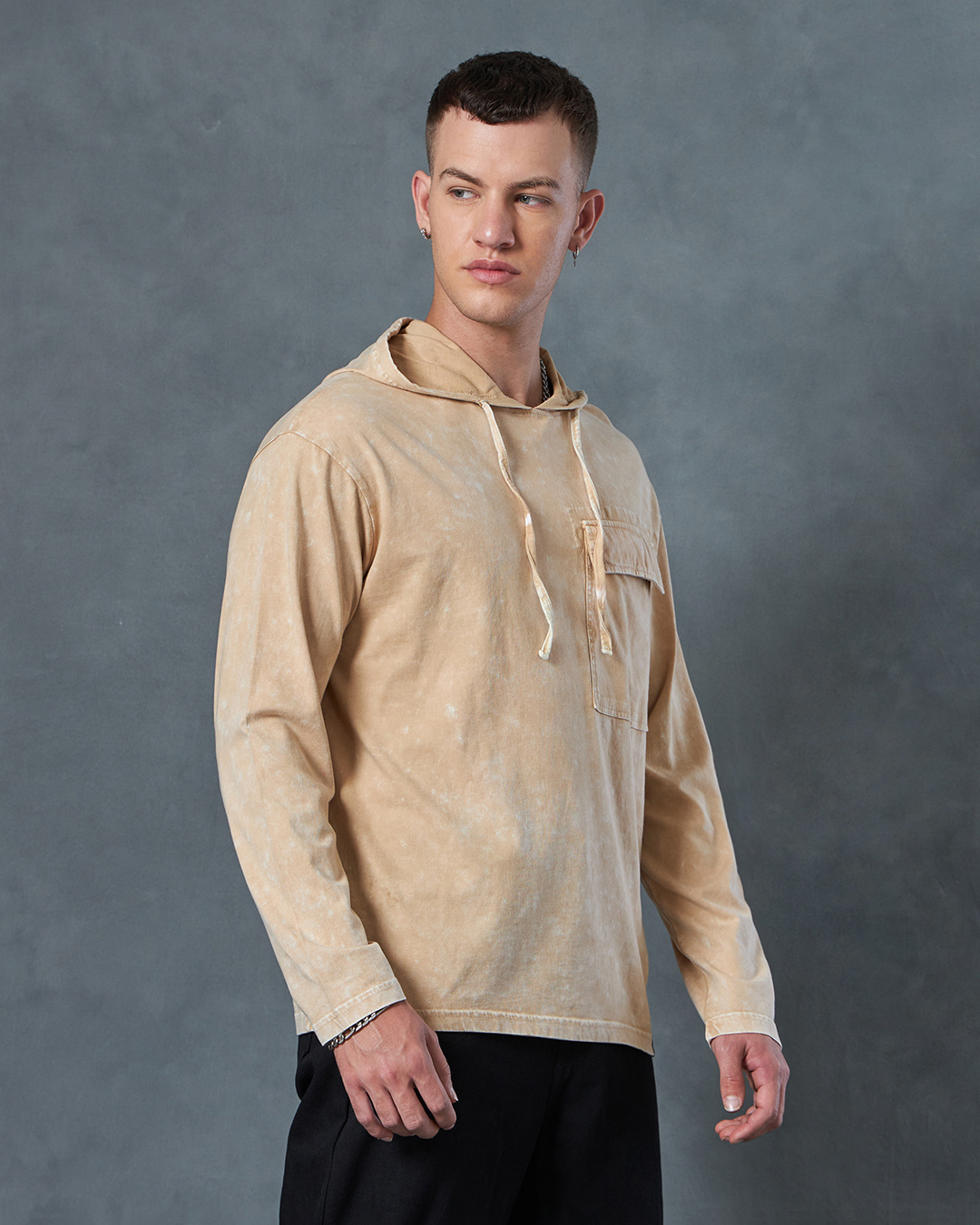 Shop Men's Brown Oversized Acid Wash Hoodie T-shirt-Back