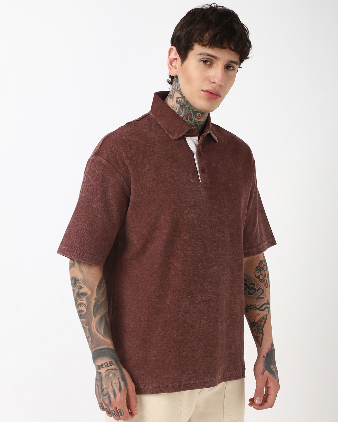 Shop Men's Brown Oversized Acid Wash Polo T-shirt-Back