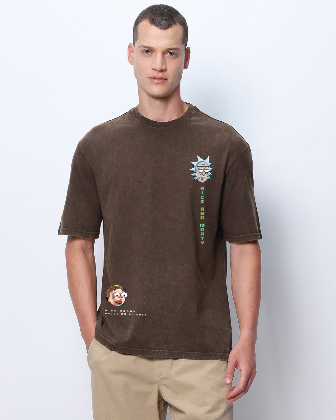 Shop Men's Brown Pixel Rick & Morty Graphic Printed Oversized Acid Wash T-shirt-Back
