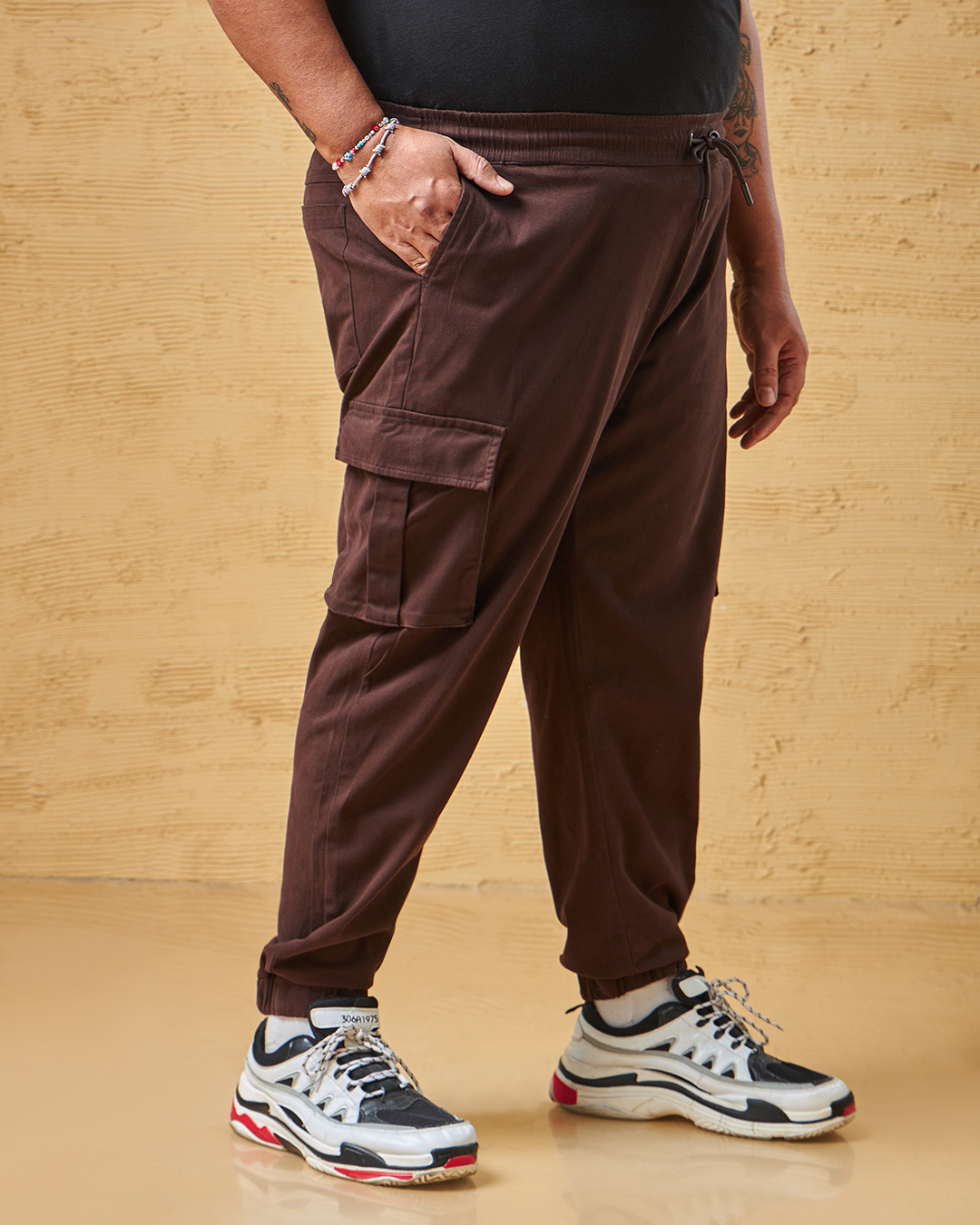 Shop Men's Brown Oversized Plus Size Cargo Jogger Pants-Back