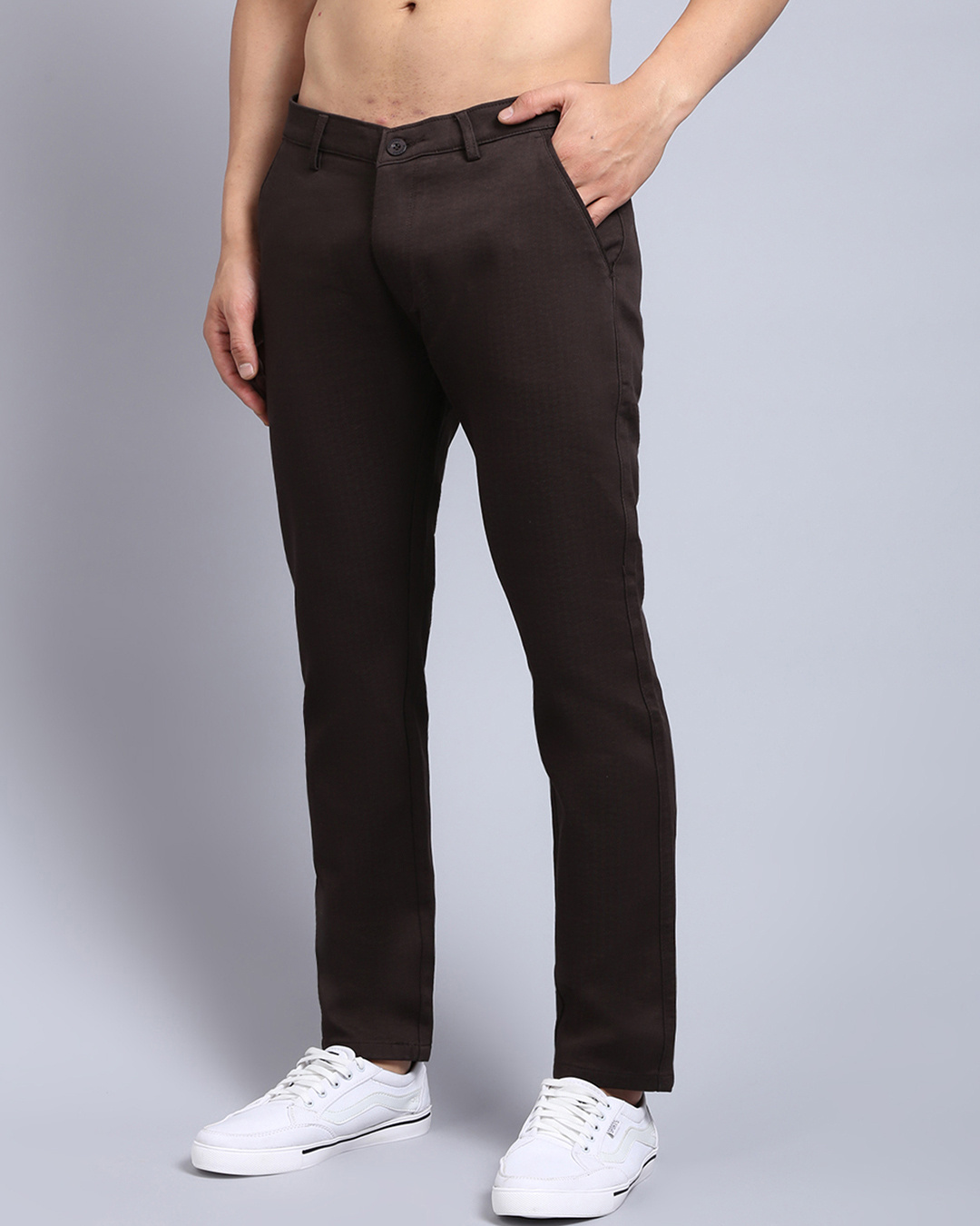 Shop Men's Brown Self Designed Slim Fit Trousers-Back