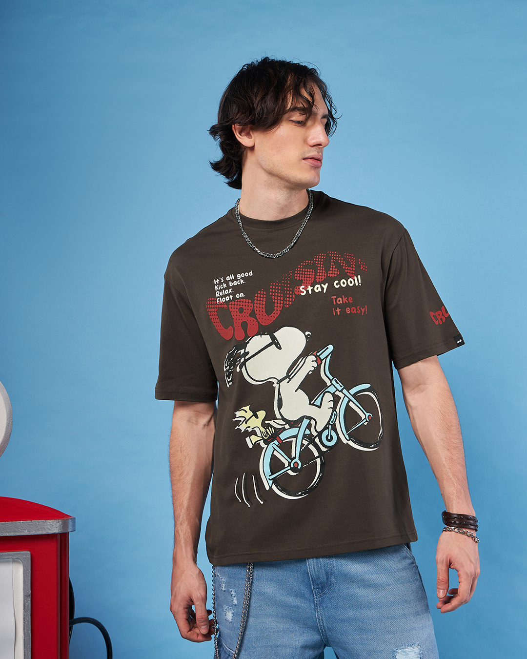 Shop Men's Brown Snoopy Cruisin Graphic Printed Oversized T-shirt-Back