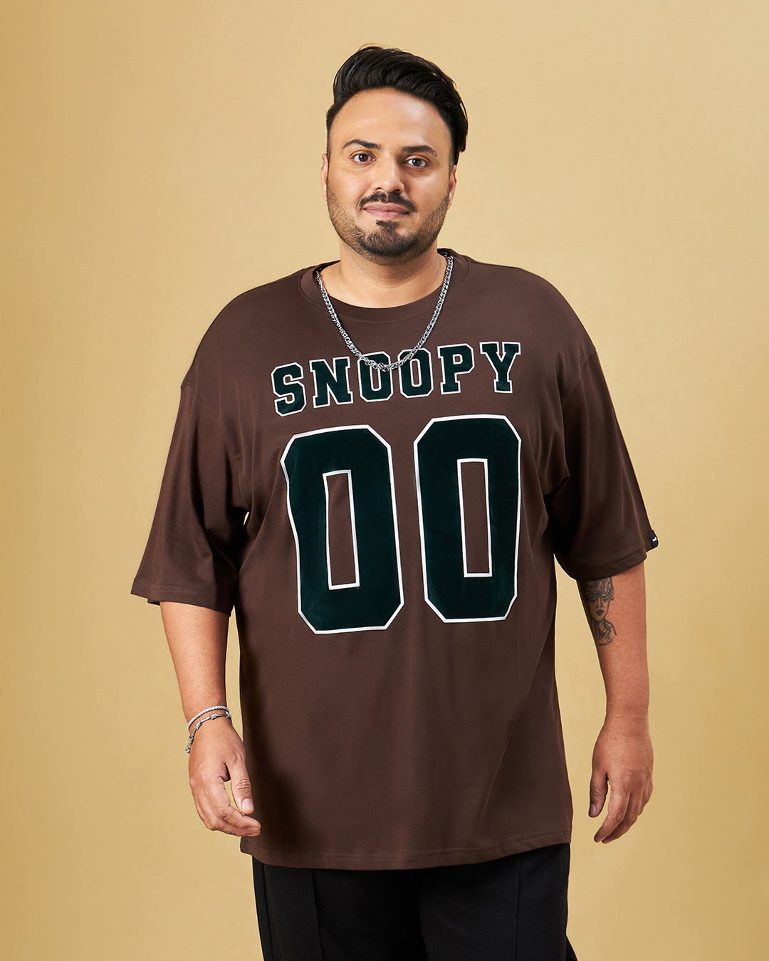 Shop Men's Brown Snoopy Typography Oversized Plus Size T-shirt-Back