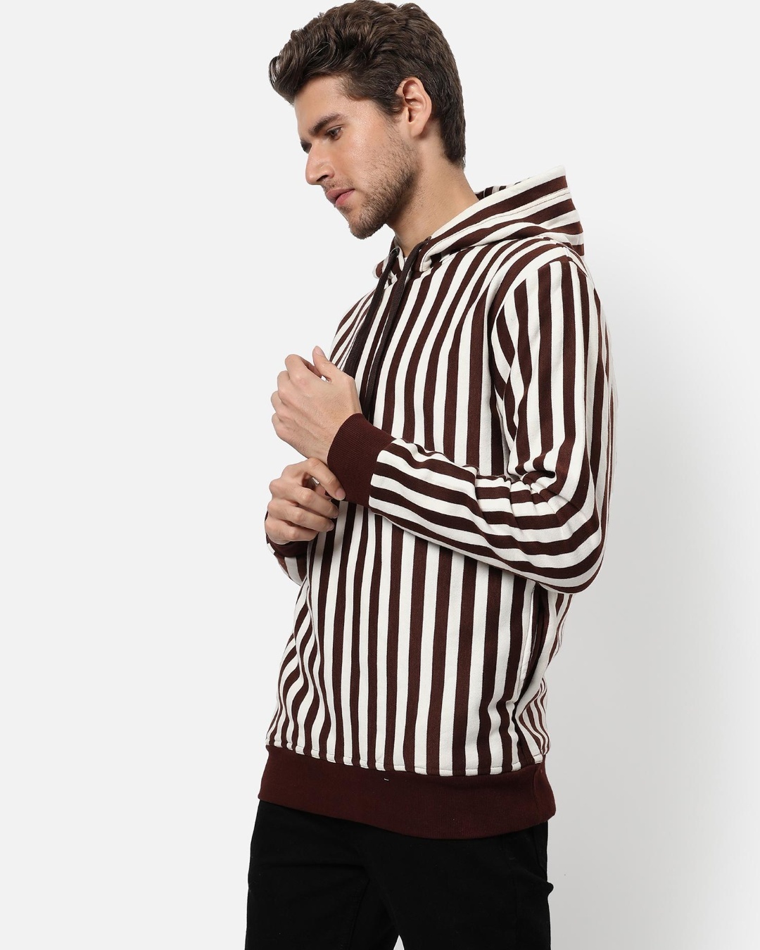 Shop Men's Brown Striped Hooded Sweatshirt-Back
