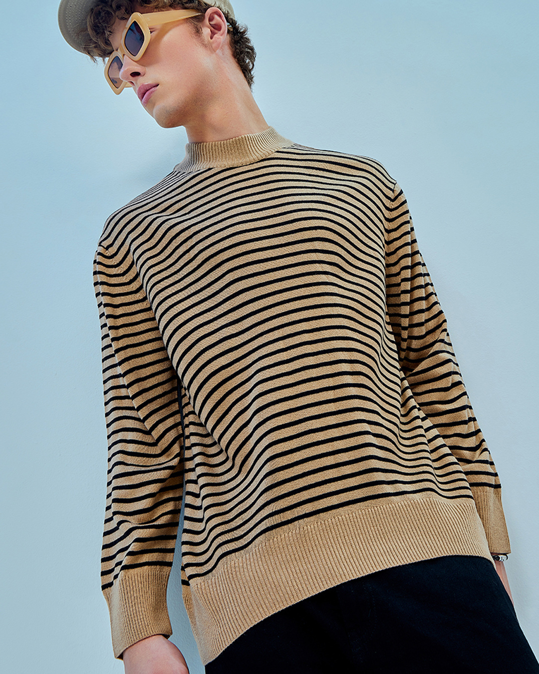 Buy Men s Brown Striped Oversized Flatknit Sweater Online at Bewakoof