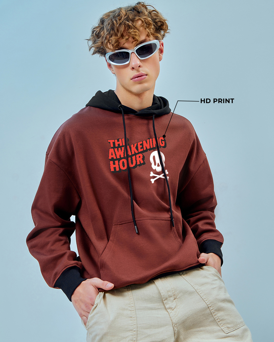 Shop Men's Brown The Awakening Hour Graphic Printed Oversized Hoodies-Back