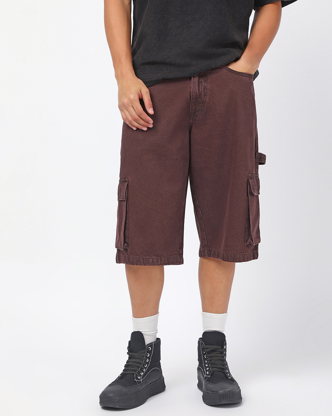Shop Men's Brown Washed Straight Fit Cargo Carpenter Shorts-Back