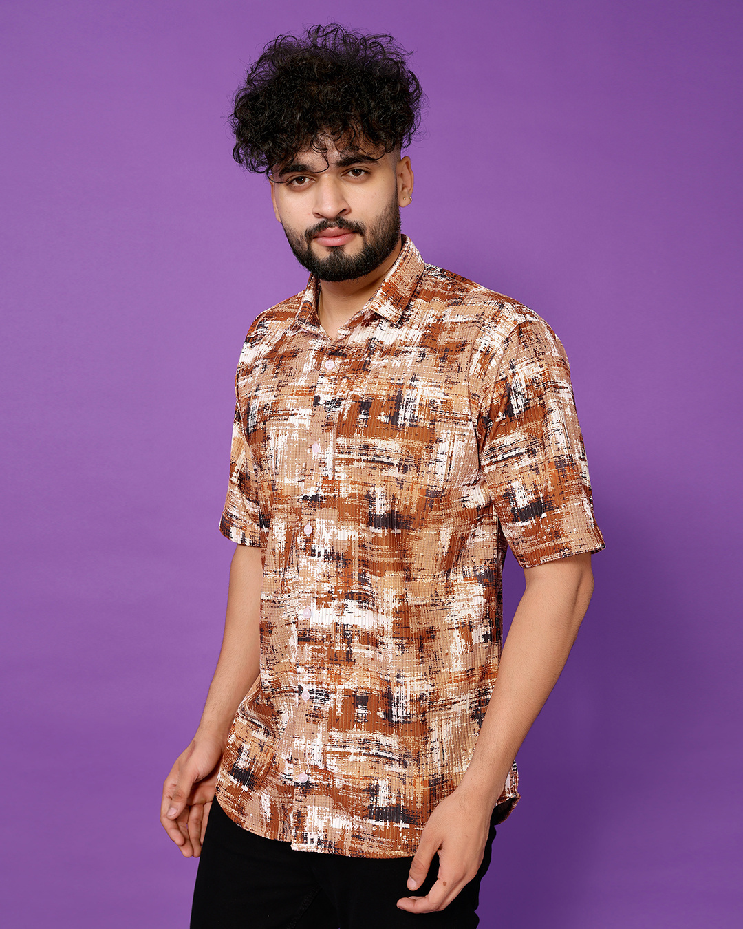 Shop Men's Brown & White Corduroy All Over Printed Relaxed Fit Shirt-Back