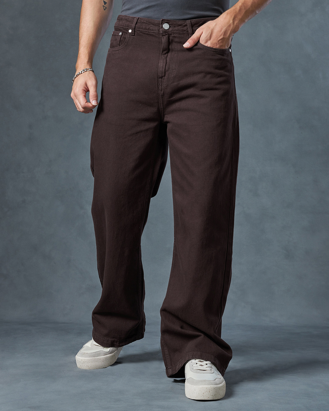 Shop Men's Brown Baggy Wide Leg Jeans-Back