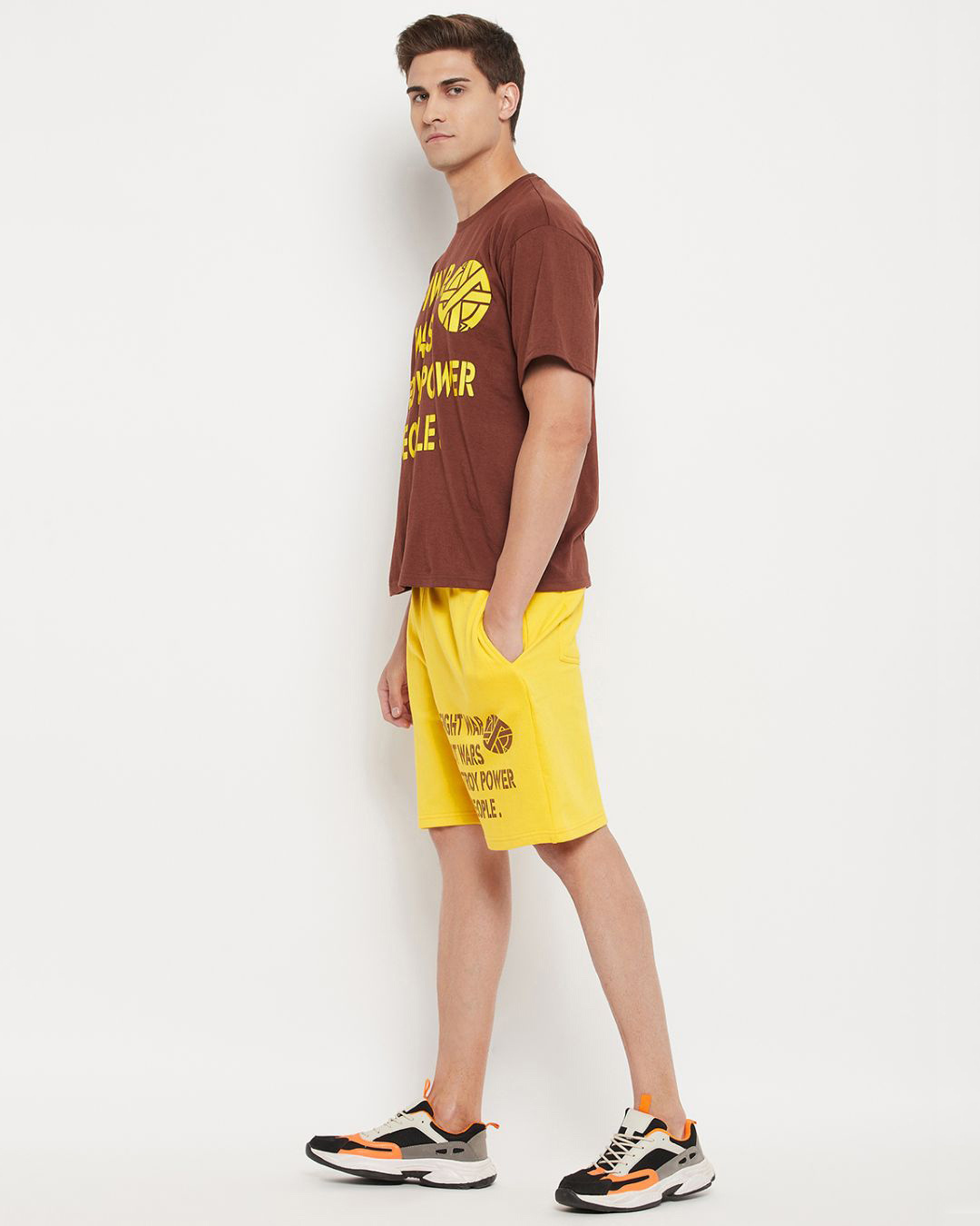 Shop Men's Brown & Yellow Fight War Typography Oversized T-shirt & Shorts Set-Back