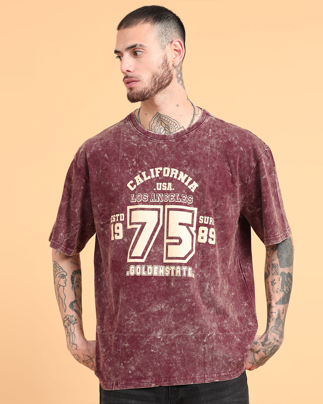 Men’s Oversized Acid Wash Graphic T-Shirt – Vintage Streetwear, Road Racing Print, Los Angeles Tee