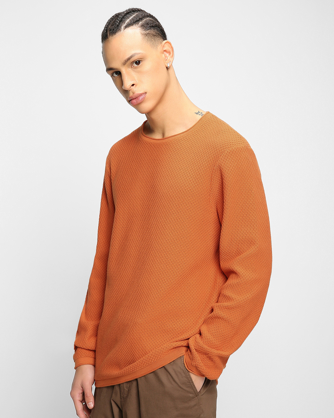 Shop Men's Burnt Orange Flat Knit Sweater-Back
