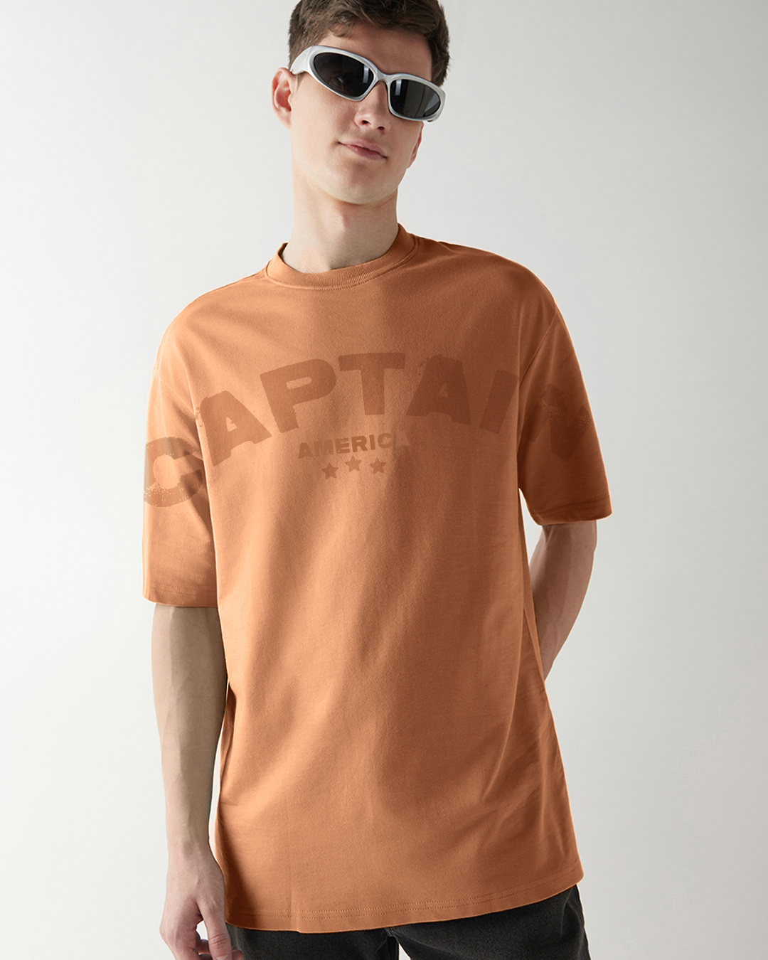 Shop Men's Camel Brown Captain Graphic Printed Oversized T-shirt-Back