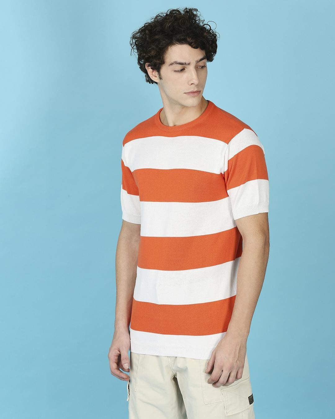 Shop Men's Candy White Striped Knitted Slim Fit T-shirt-Back