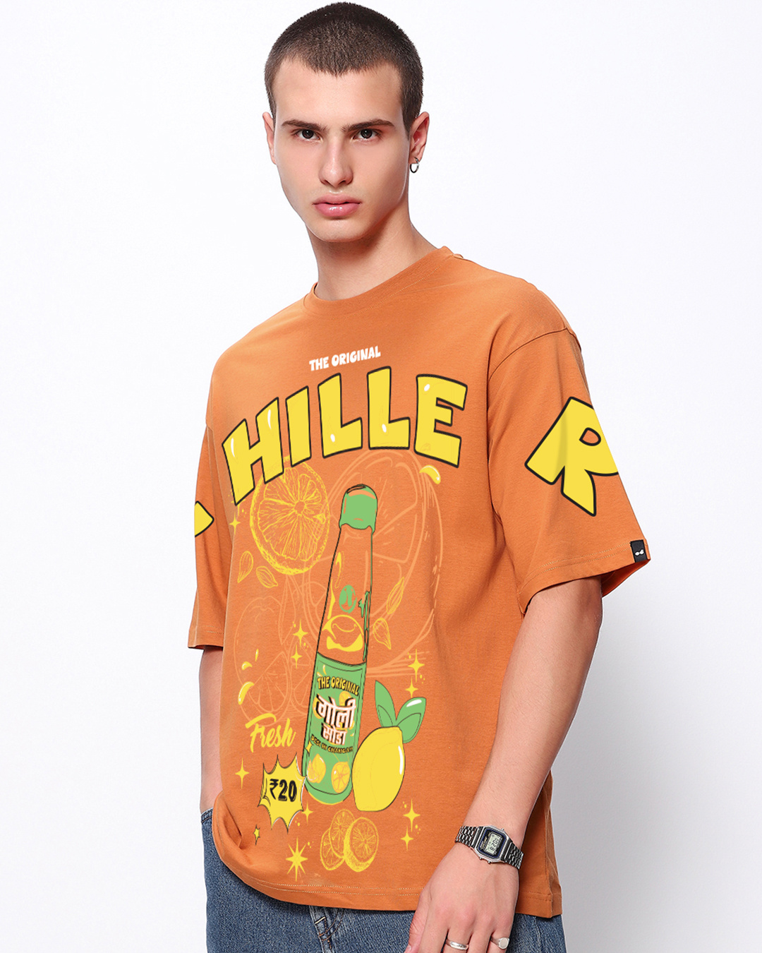 Shop Men's Caramel Orange Chiller Graphic Printed Oversized T-shirt-Back