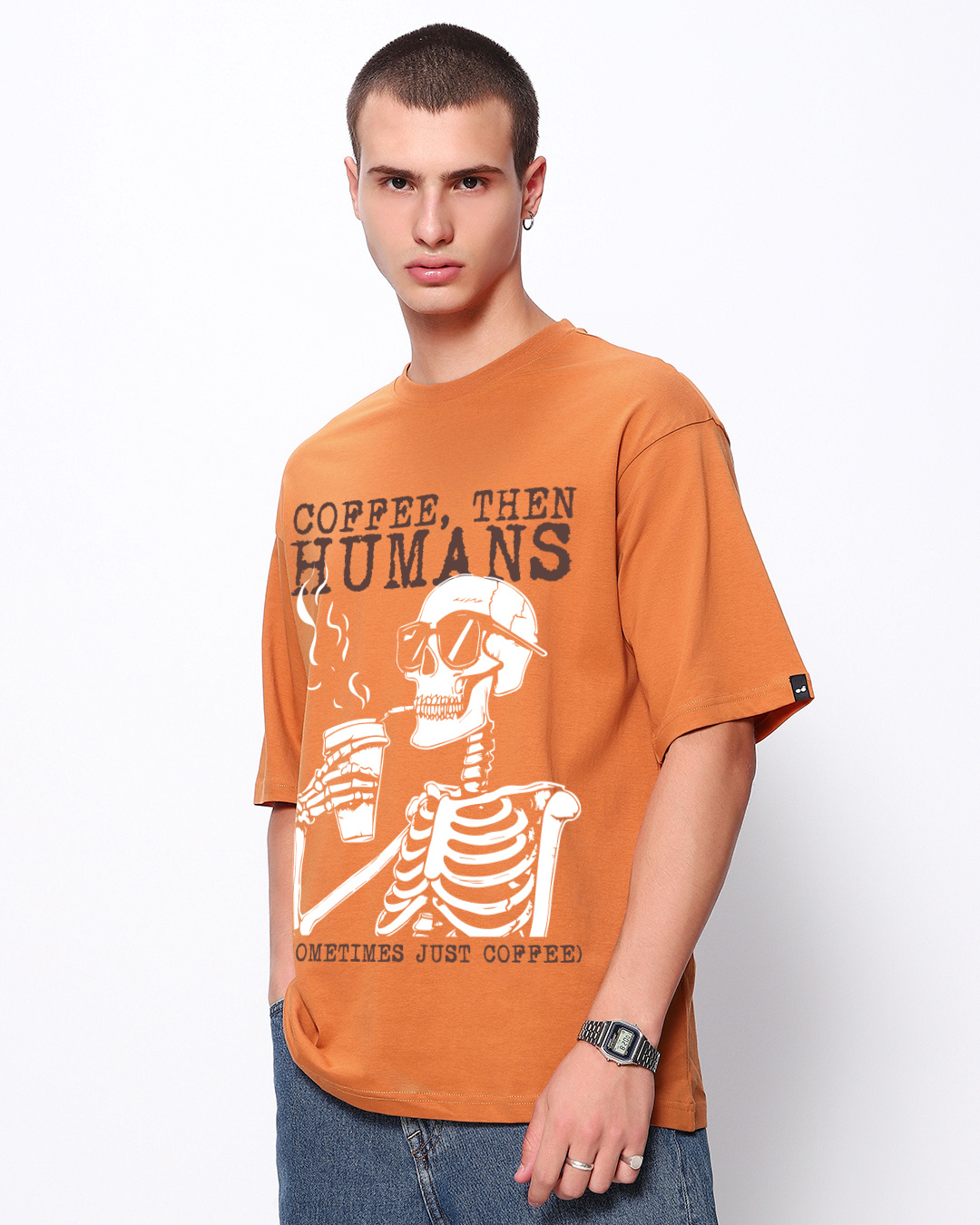 Shop Men's Caramel Orange Coffee Then Humans Graphic Printed Oversized T-shirt-Back