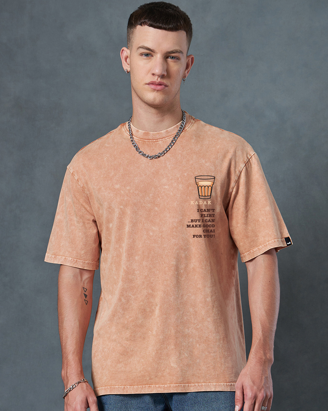 Shop Men's Caramel Orange Kadak Chai Graphic Printed Oversized Acid Wash T-shirt-Back
