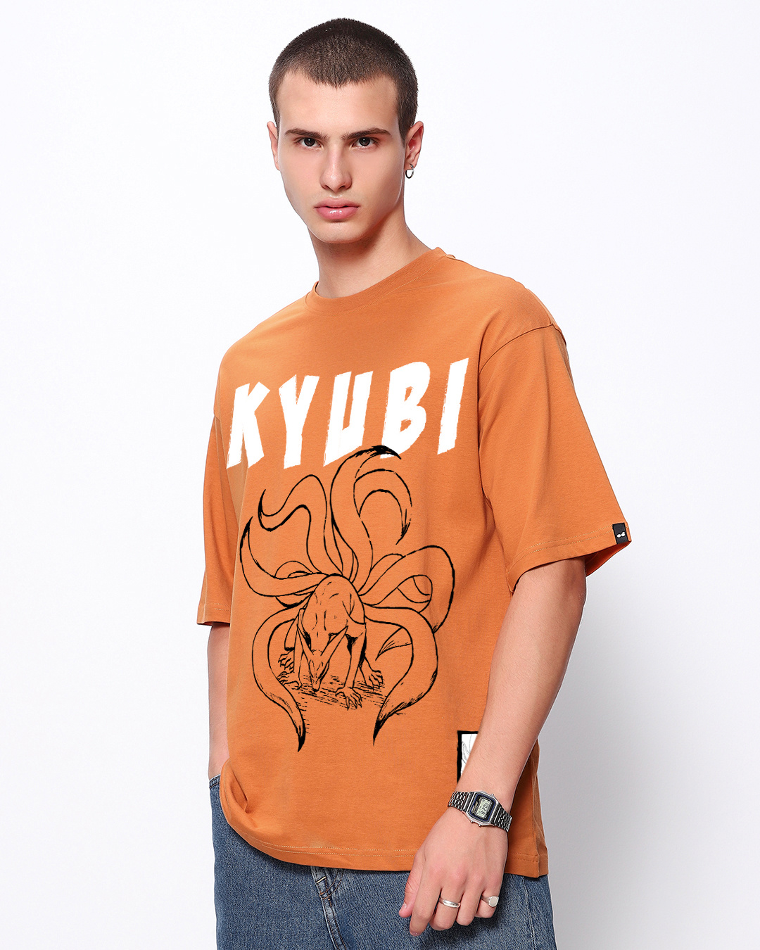 Shop Men's Caramel Orange Kyubi 9 Tails Graphic Printed Oversized T-shirt-Back