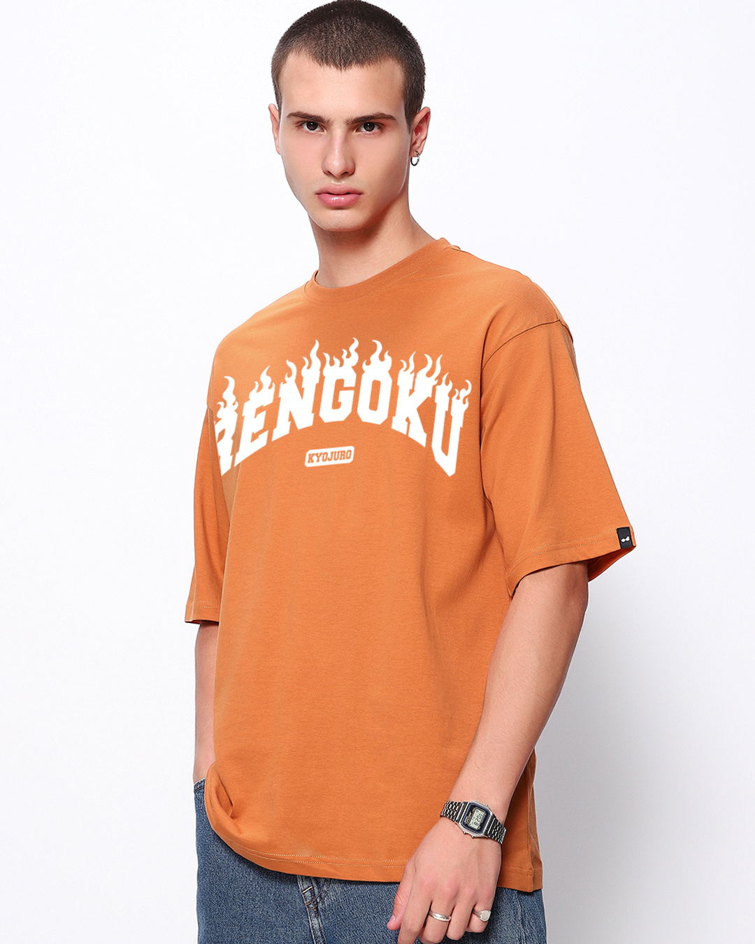 Shop Men's Caramel Orange Rengoku Flame Hashira Typography Oversized T-shirt-Back