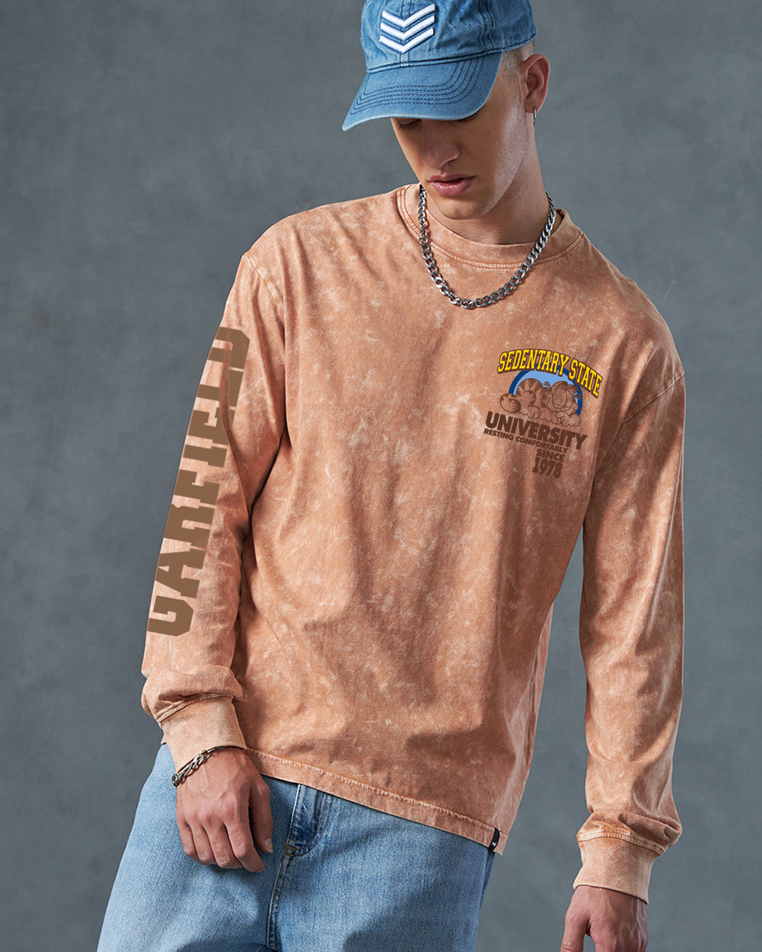 Shop Men's Caramel Orange Sedentary State Graphic Printed Oversized Acid Wash T-shirt-Back