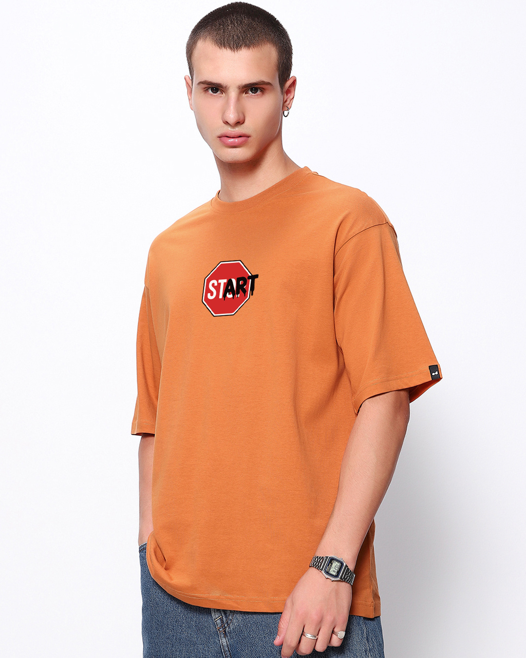 Shop Men's Caramel Orange Start Typography Oversized T-shirt-Back