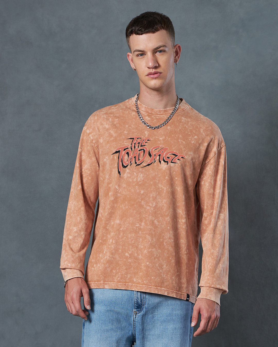 Shop Men's Caramel Orange Toad Sage Graphic Printed Oversized Acid Wash T-shirt-Back