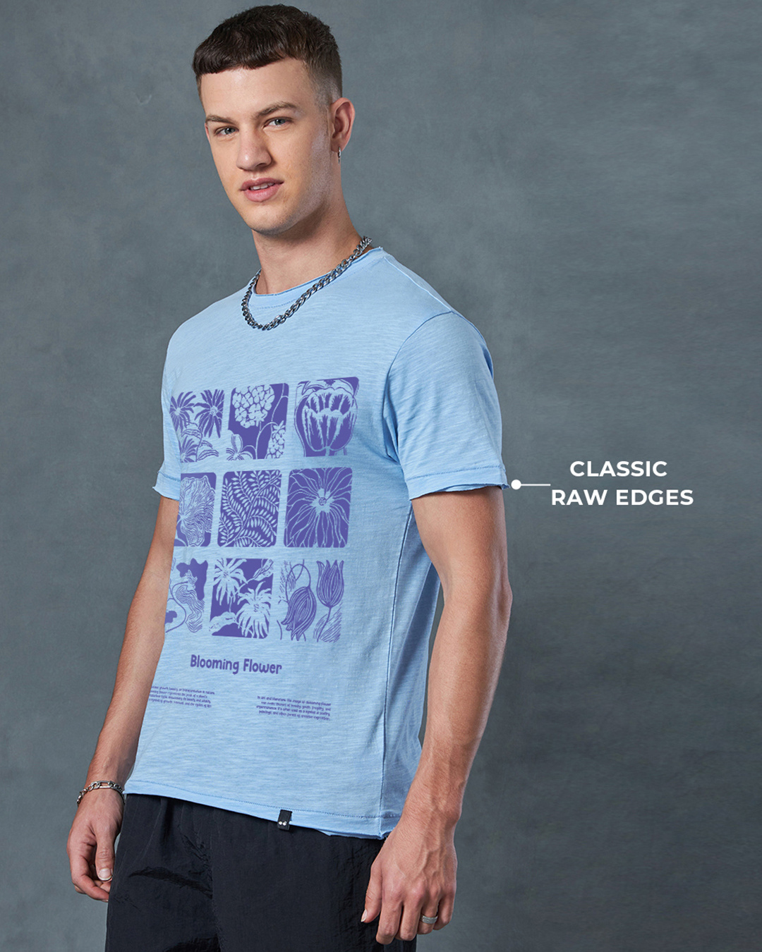 Shop Men's Chambray Blue Blooming Flower Graphic Printed T-shirt-Back